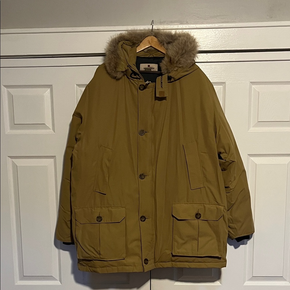 Woolrich Men's Tan Down Snorkel Coat with Coyote Fur